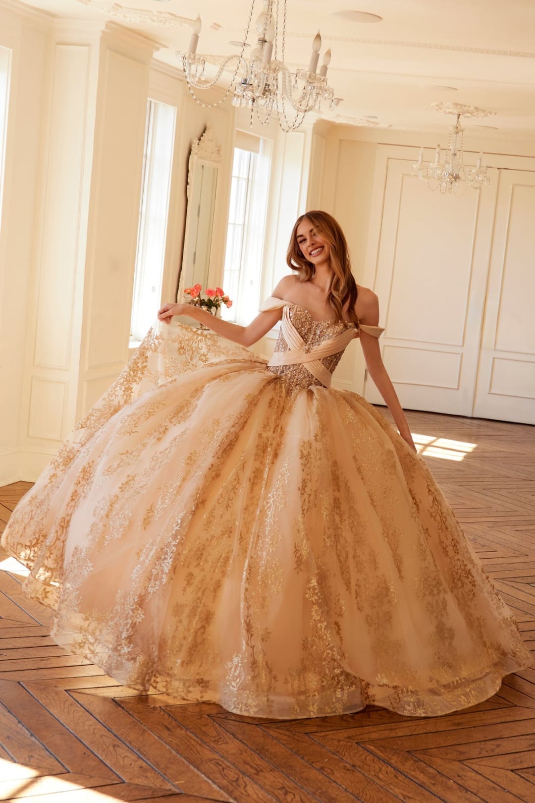 Glitter Print Off Shoulder Ball Gown by Juliet JT1488H - Quinceanera Dresses