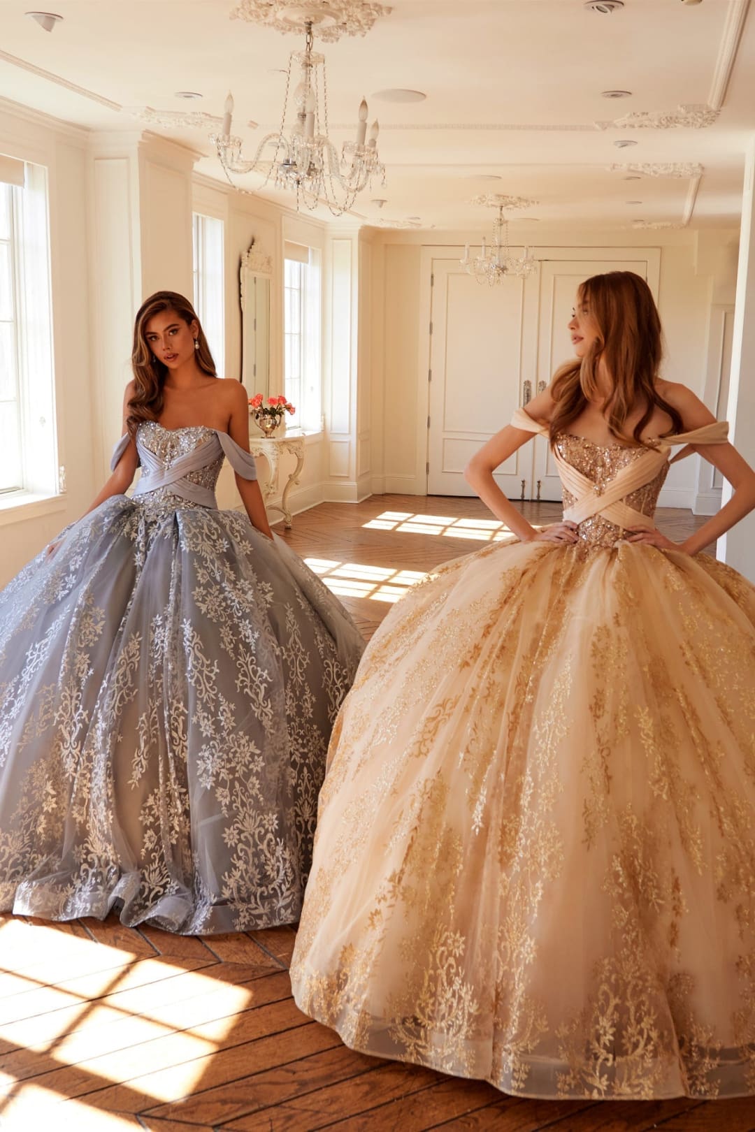 Glitter Print Off Shoulder Ball Gown by Juliet JT1488H Glitter Print Off Shoulder Ball Gown by Juliet JT1488H