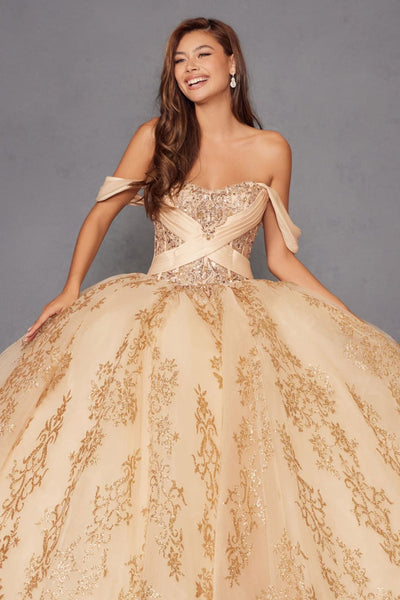 Glitter Print Off Shoulder Ball Gown by Juliet JT1488H - Quinceanera Dresses