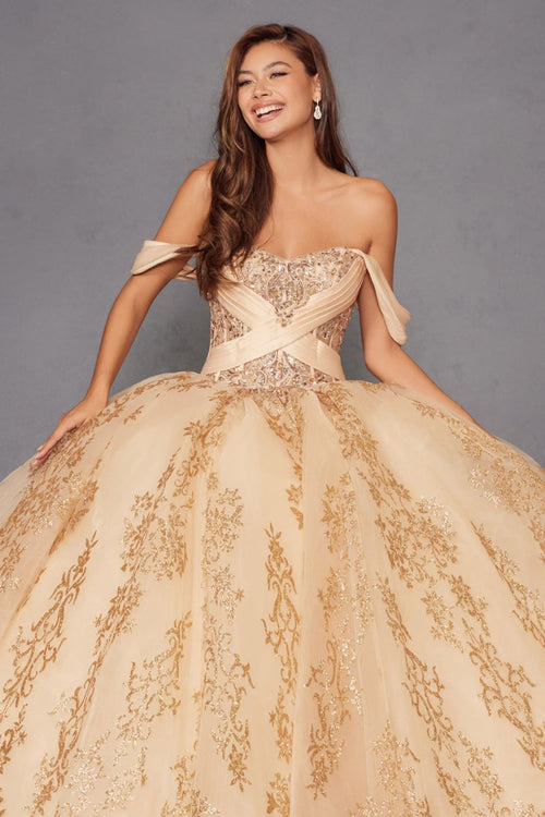 Glitter Print Off Shoulder Ball Gown by Juliet JT1488H - Quinceanera Dresses