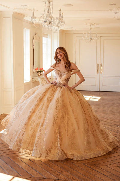 Glitter Print Off Shoulder Ball Gown by Juliet JT1488H - Gold / 2 - Quinceanera Dresses