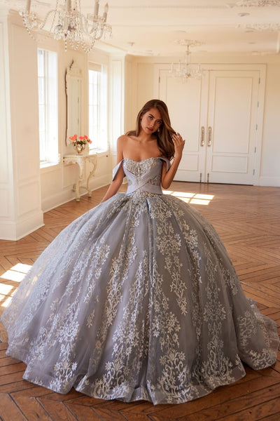 Glitter Print Off Shoulder Ball Gown by Juliet JT1488H - Silver / 2 - Quinceanera Dresses