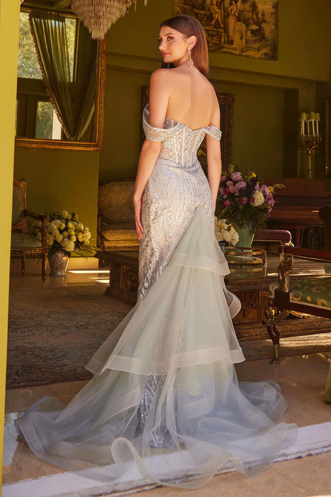 Glitter Print Off Shoulder Gown by Elizabeth K GL3563 - Long Formal Dresses