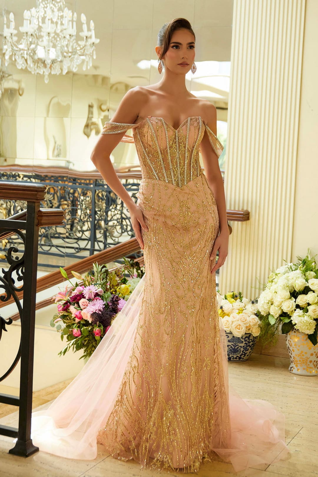 Glitter Print Off Shoulder Gown by Elizabeth K GL3563 - Long Formal Dresses