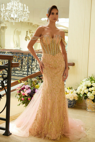 Glitter Print Off Shoulder Gown by Elizabeth K GL3563 - XS / Rose Gold - Long Formal Dresses