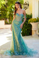 Glitter Print Off Shoulder Gown by Elizabeth K GL3563 - XS / Sage - Long Formal Dresses