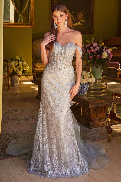 Glitter Print Off Shoulder Gown by Elizabeth K GL3563 - XS / Silver - Long Formal Dresses