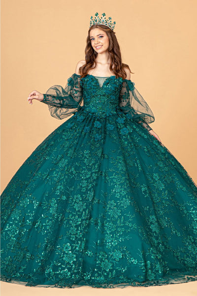 Glitter Print Puff Sleeve Ball Gown by Elizabeth K GL3071 - XS / Green - Quinceanera Dresses