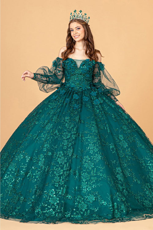 Glitter Print Puff Sleeve Ball Gown by Elizabeth K GL3071 - XS / Green - Quinceanera Dresses