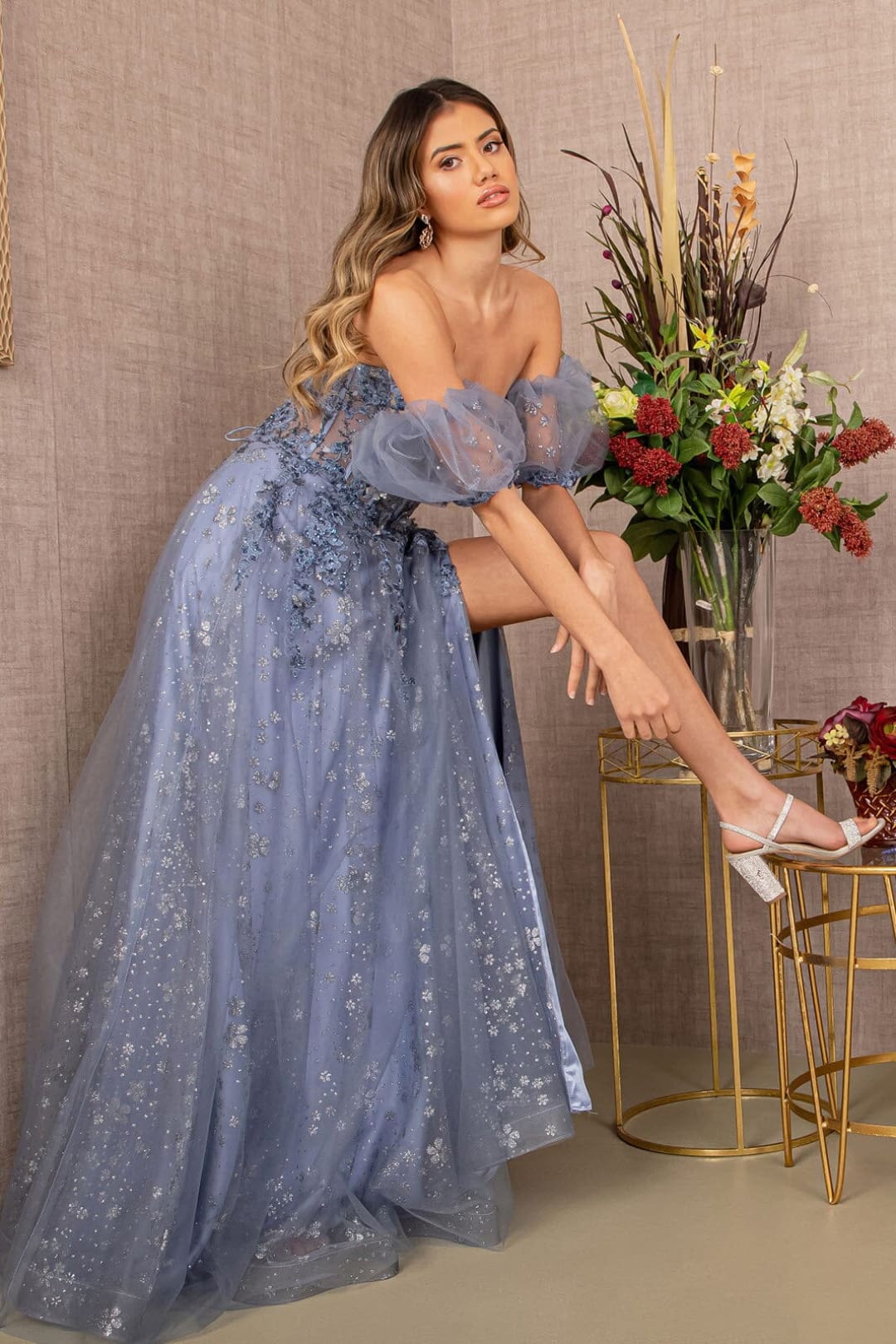 Glitter Print Puff Sleeve Gown by GLS Gloria GL3126 - Long Formal Dresses