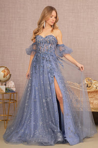 Glitter Print Puff Sleeve Gown by GLS Gloria GL3126 - XS / Smoky Blue - Long Formal Dresses