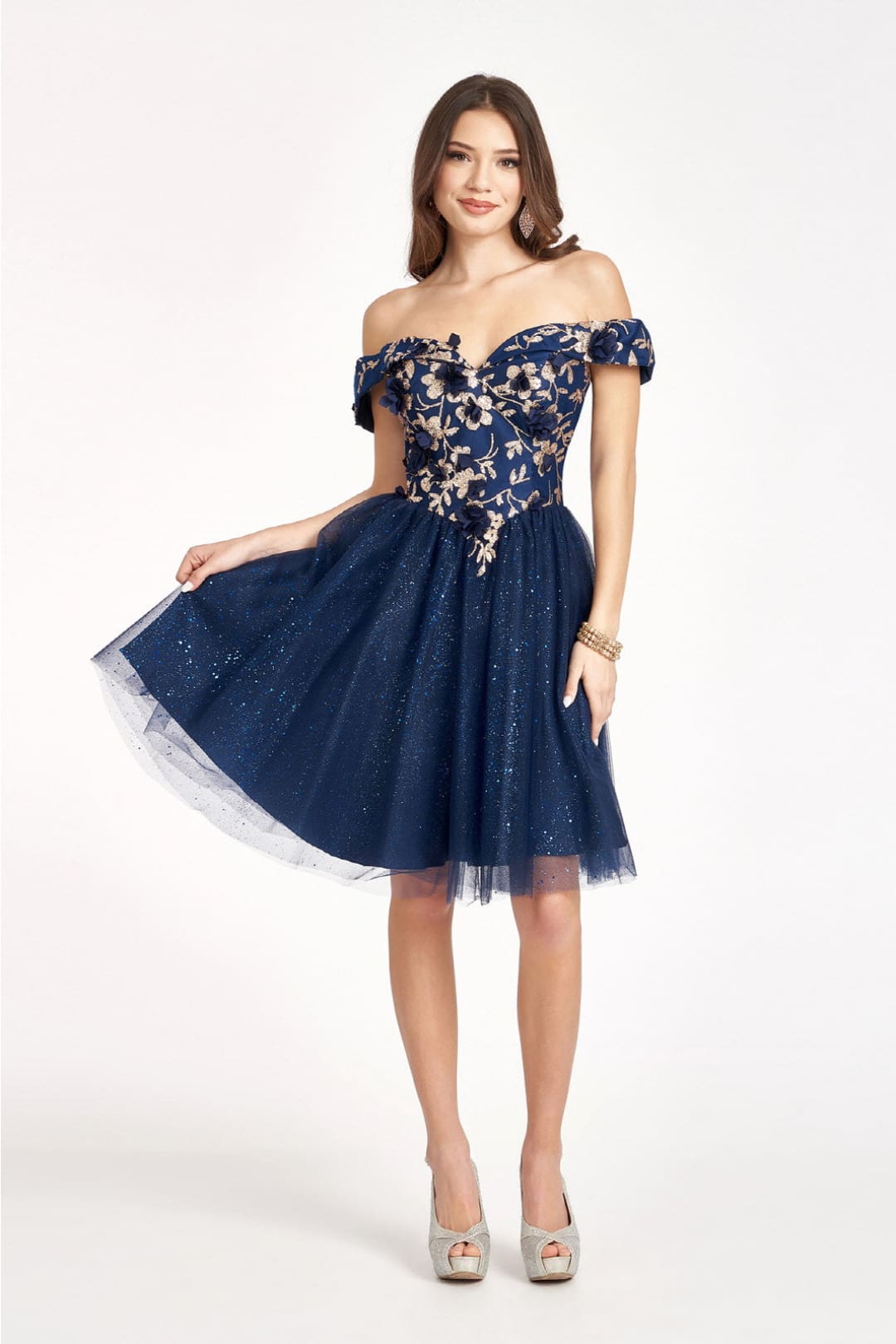 Glitter Print Short Off Shoulder Dress by Elizabeth K GS1978 - XS / Navy - Short Cocktail Dresses