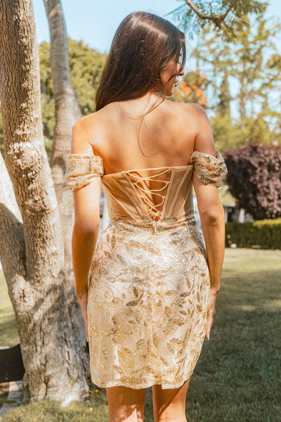 Glitter Print Short Off Shoulder Dress by Elizabeth K GS3510 - Short Cocktail Dresses