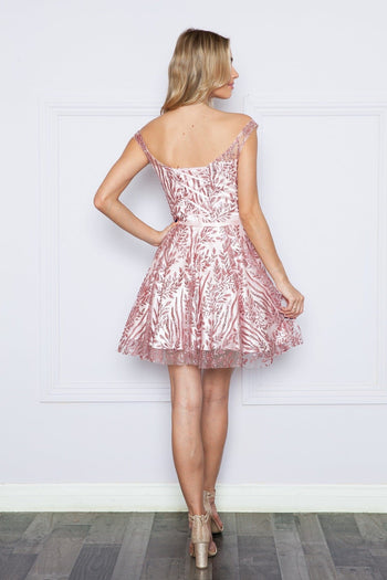 Poly USA 9204 Glitter Print Short Off Shoulder Dress