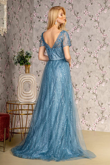 Glitter Print Short Sleeve A-line Gown by GLS Gloria GL3493 - Long Formal Dresses
