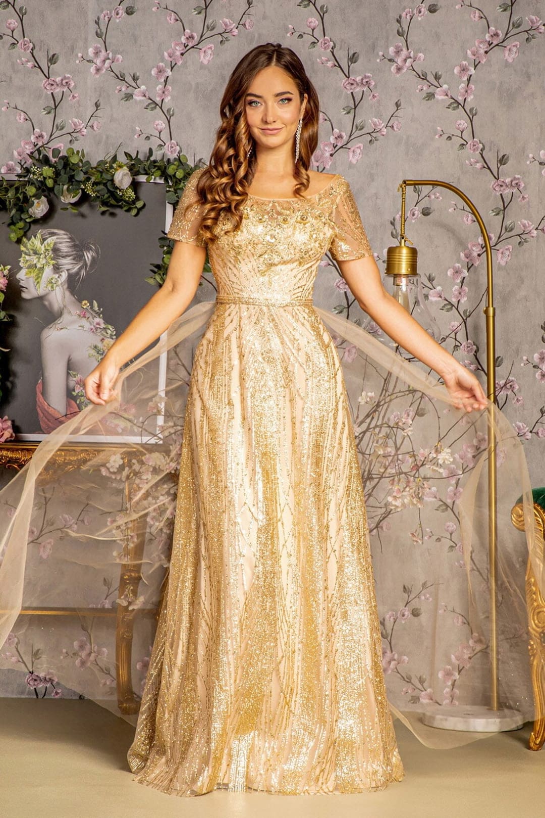 Glitter Print Short Sleeve A-line Gown by GLS Gloria GL3493 - S / Gold - Long Formal Dresses