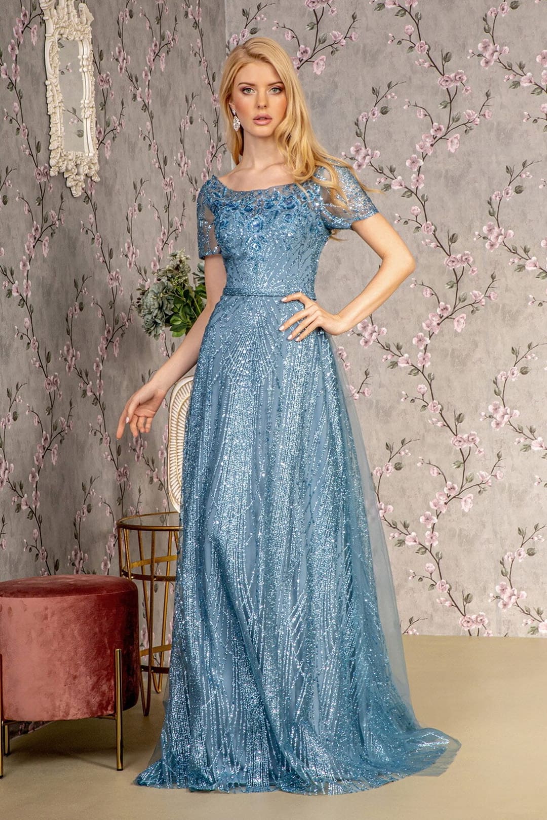 Glitter Print Short Sleeve A-line Gown by GLS Gloria GL3493 - S / Smoky Blue - Long Formal Dresses