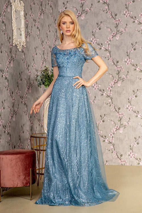 Glitter Print Short Sleeve A-line Gown by GLS Gloria GL3493 - S / Smoky Blue - Long Formal Dresses