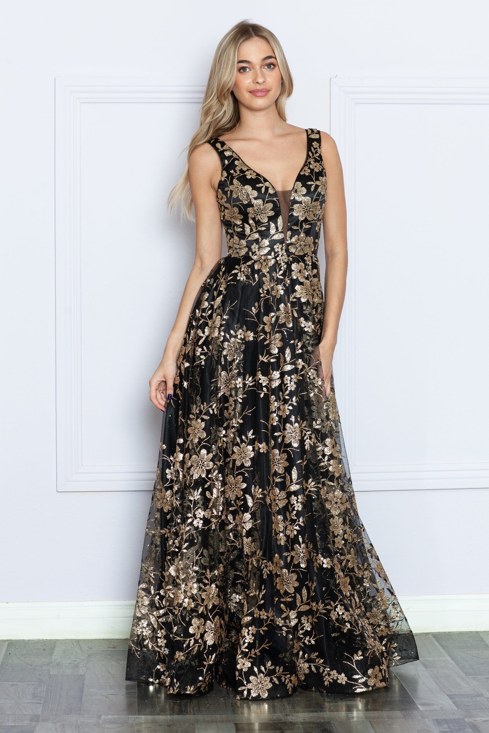 Poly USA 9298 Glitter Print Sleeveless A-line Gown