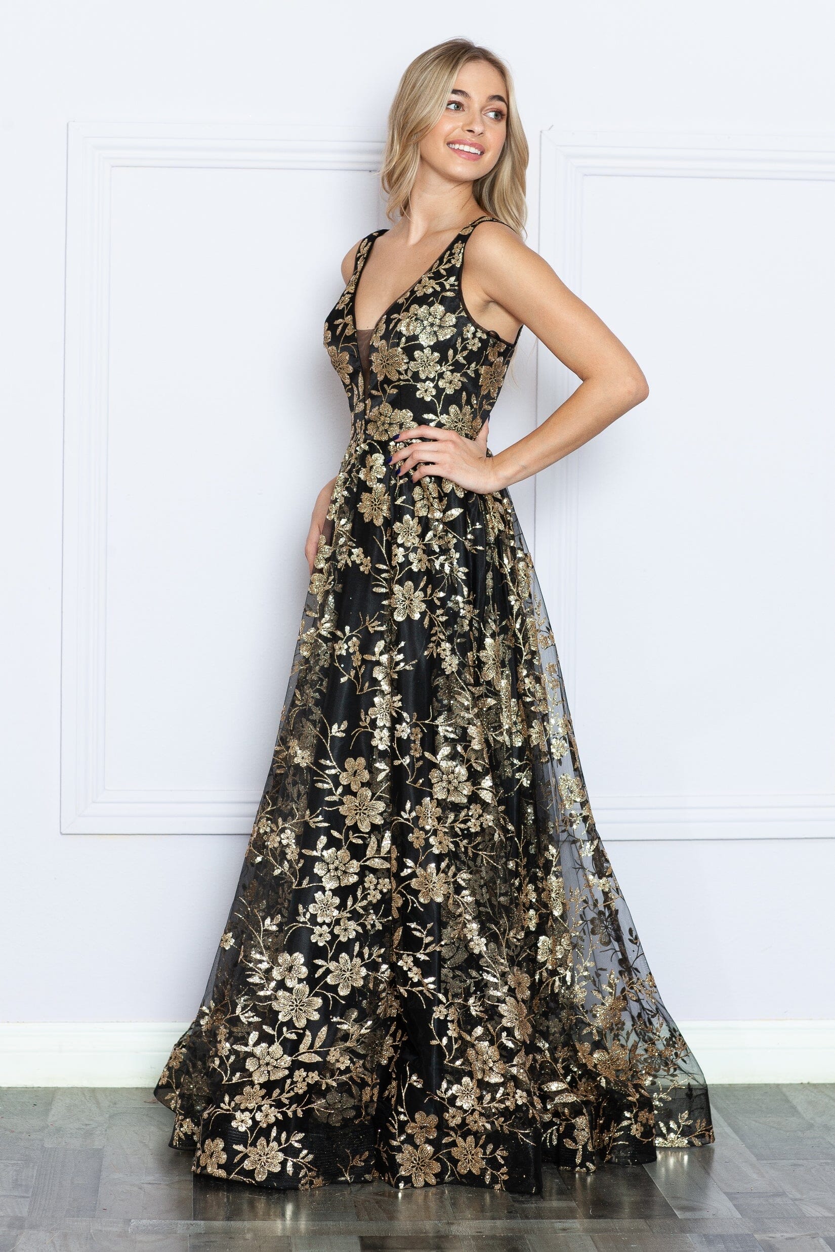 Poly USA 9298 Glitter Print Sleeveless A-line Gown