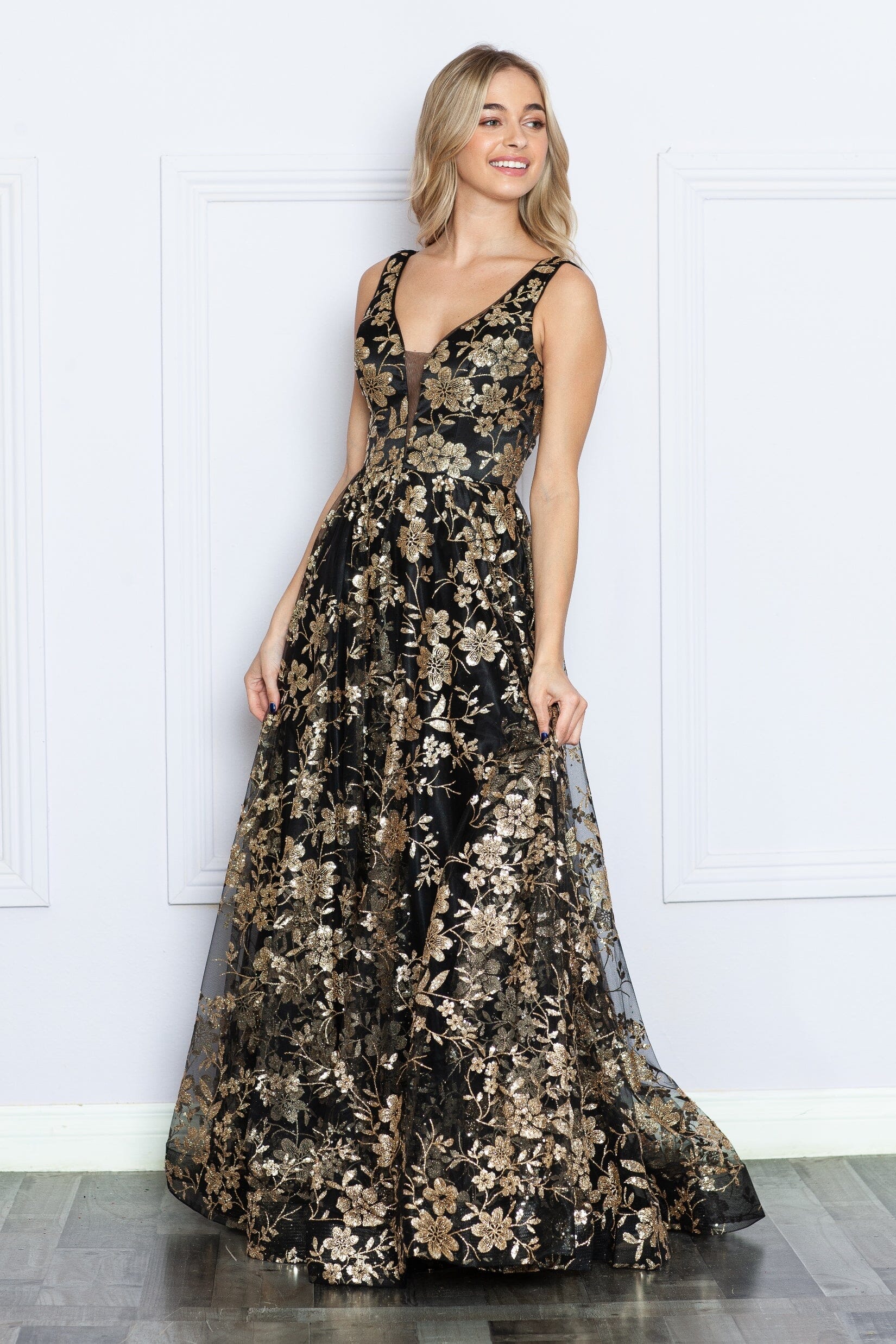 Poly USA 9298 Glitter Print Sleeveless A-line Gown