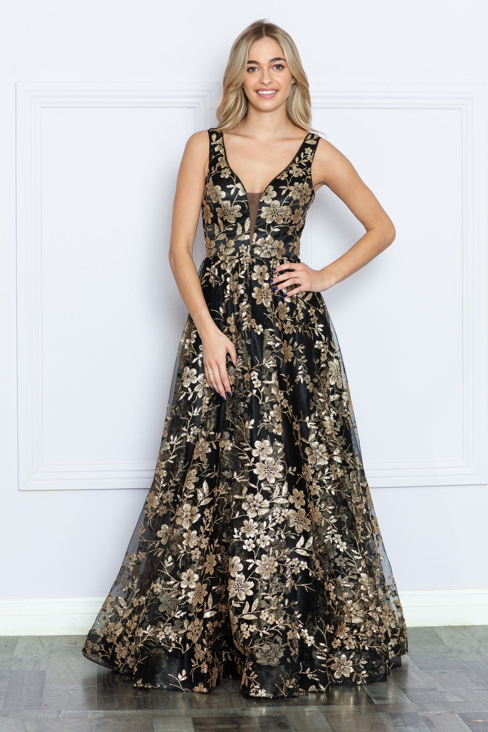 Poly USA 9298 Glitter Print Sleeveless A-line Gown