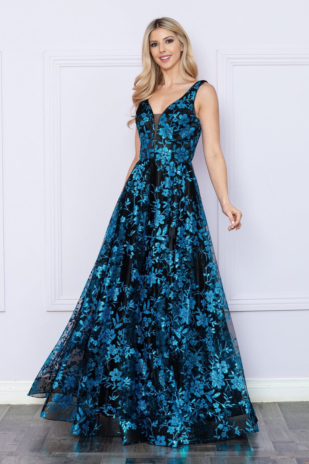 Poly USA 9298 Glitter Print Sleeveless A-line Gown