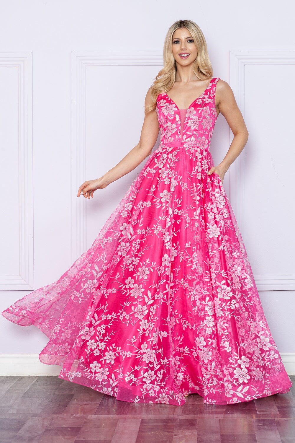 Poly USA 9298 Glitter Print Sleeveless A-line Gown