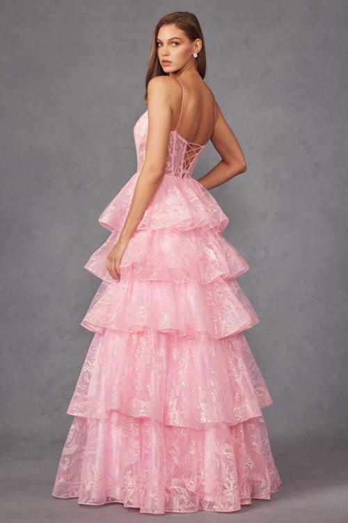 Glitter Print Sleeveless A-line Tiered Gown by Juliet JT2438K - Long Formal Dresses