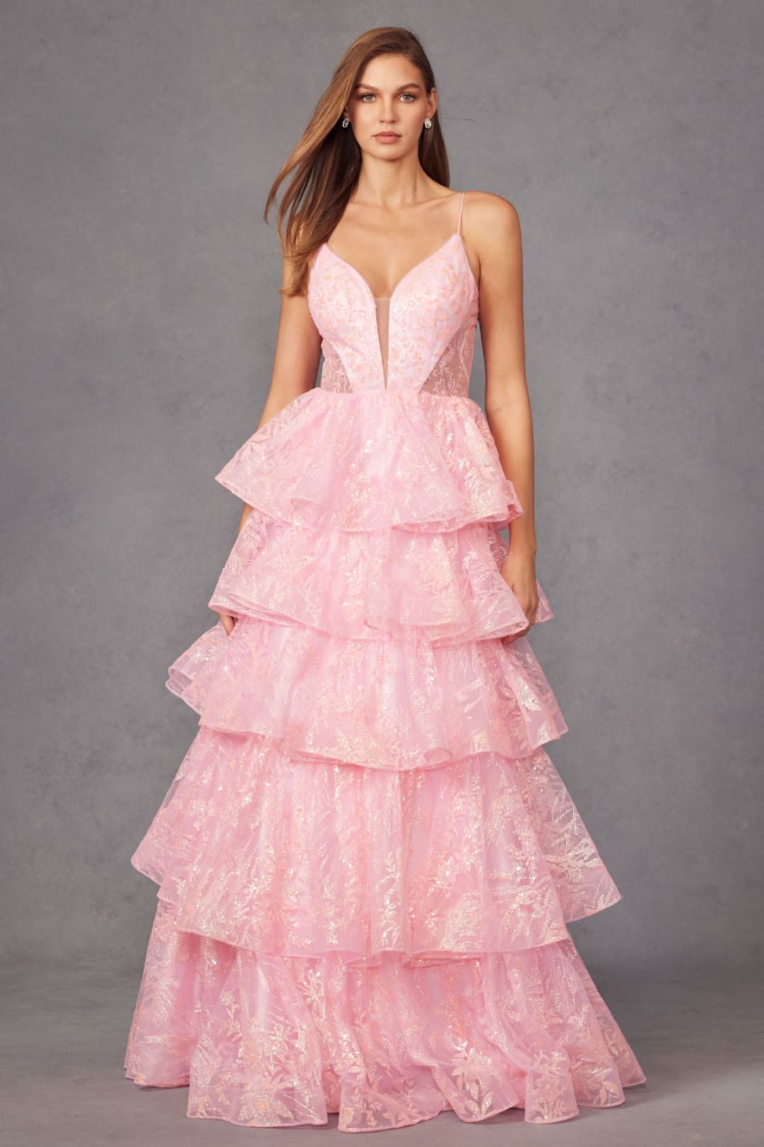 Glitter Print Sleeveless A-line Tiered Gown by Juliet JT2438K - Long Formal Dresses