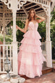 Glitter Print Sleeveless A-line Tiered Gown by Juliet JT2438K - Candy Pink / XS - Long Formal Dresses
