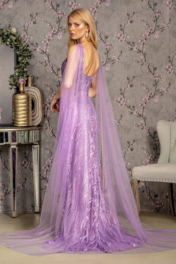 Glitter Print Sleeveless Cape Slit Gown by GLS Gloria GL3369 - Long Formal Dresses