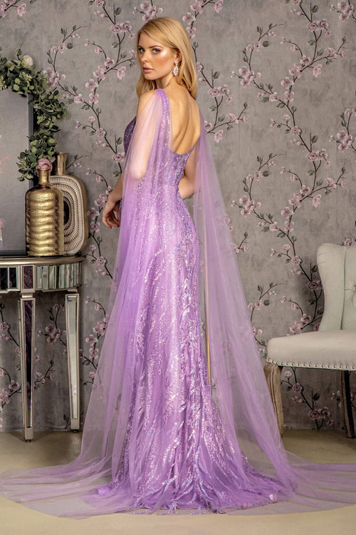 Glitter Print Sleeveless Cape Slit Gown by GLS Gloria GL3369 - Long Formal Dresses