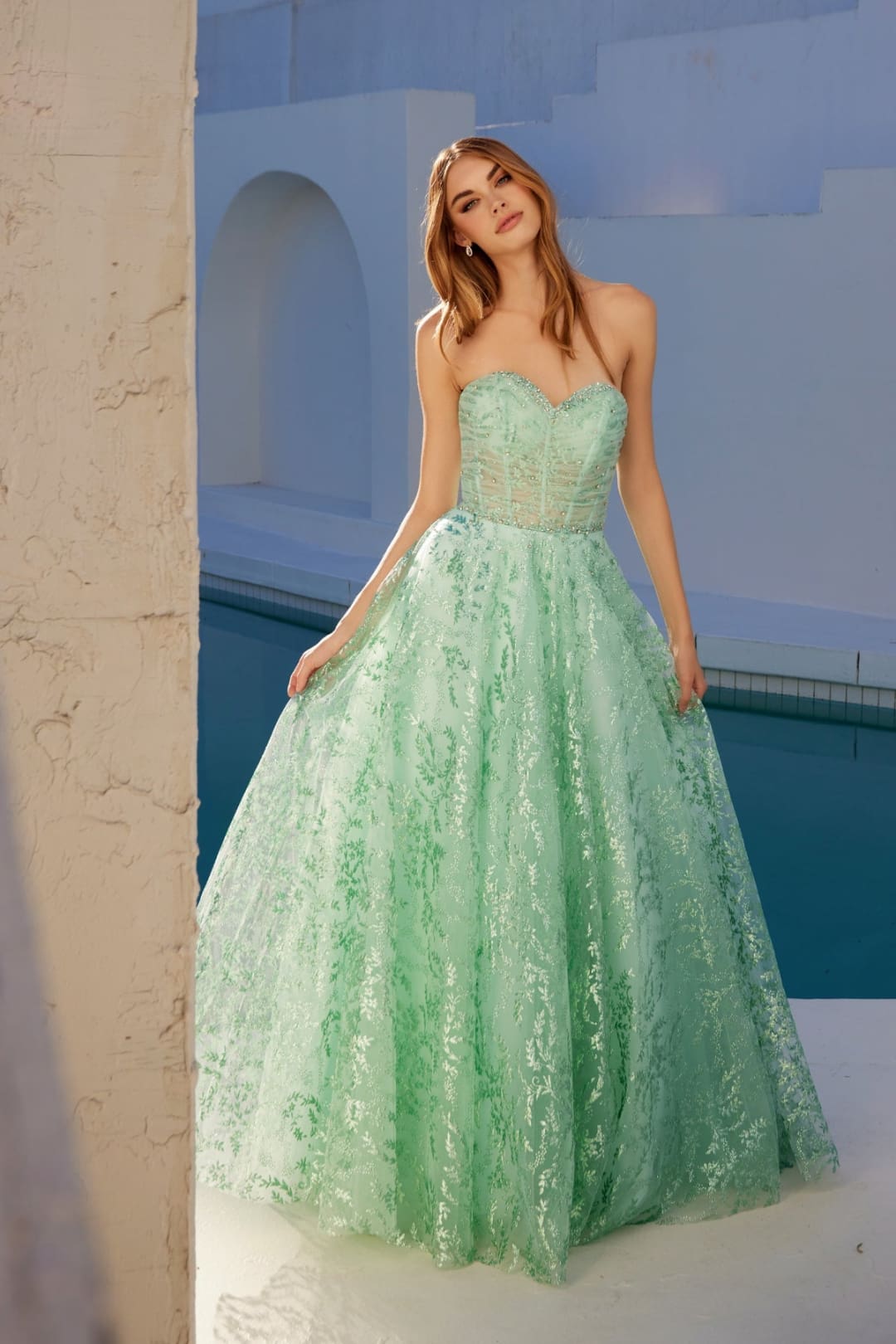 Glitter Print Strapless A-line Gown by Juliet JT2547S - Long Formal Dresses