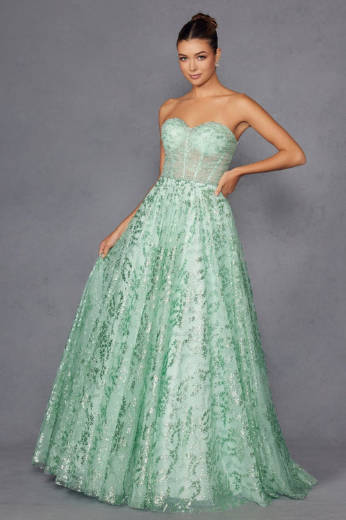 Glitter Print Strapless A-line Gown by Juliet JT2547S - Long Formal Dresses