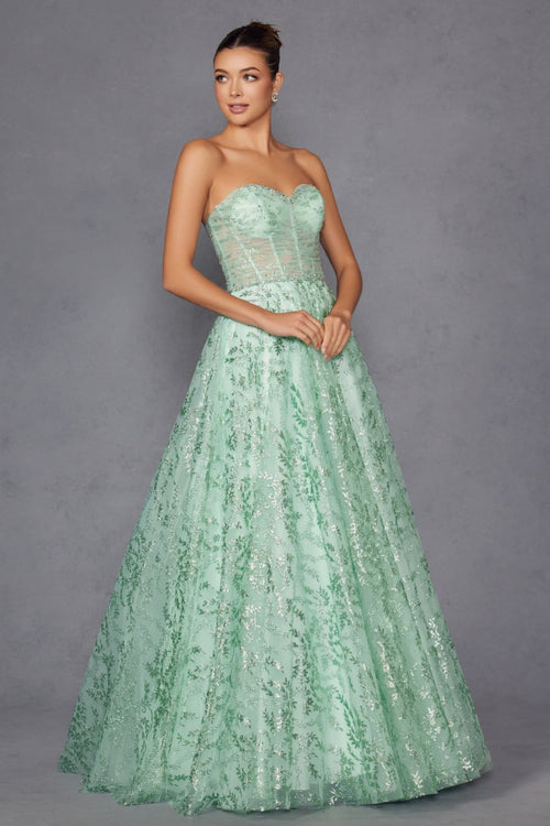 Glitter Print Strapless A-line Gown by Juliet JT2547S - Long Formal Dresses