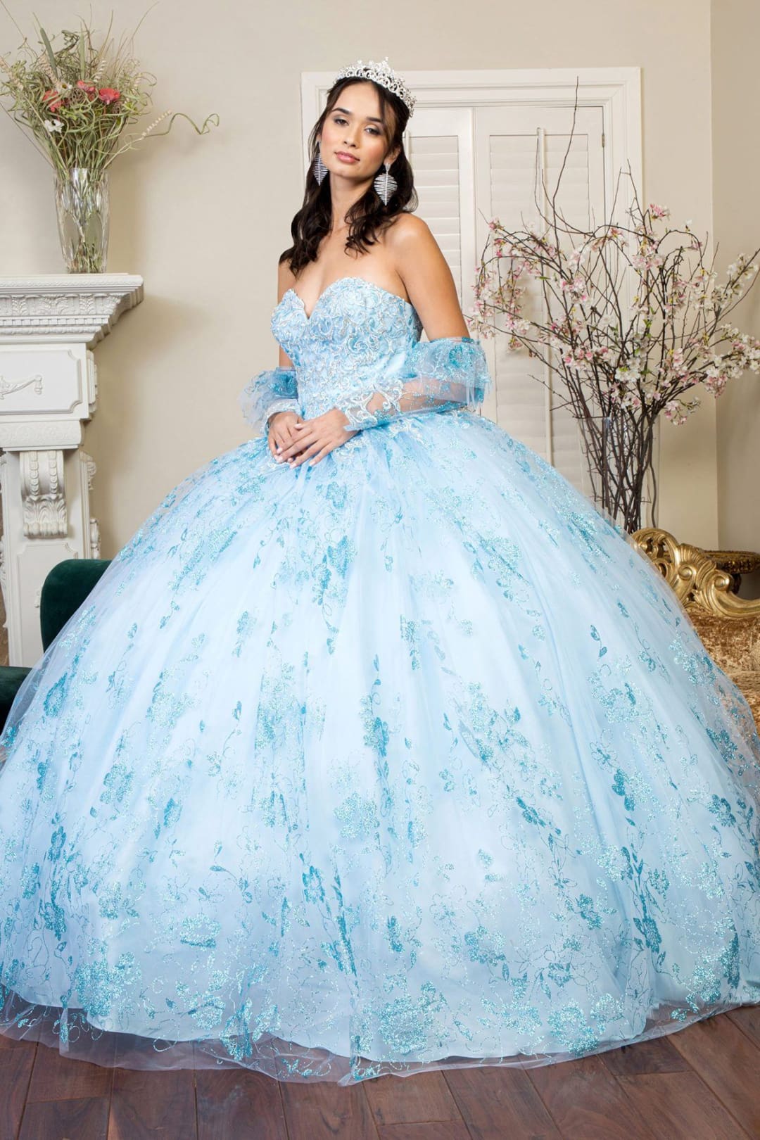 Glitter Print Strapless Ball Gown by Elizabeth K GL1944 - XS / Baby Blue - Quinceanera Dresses
