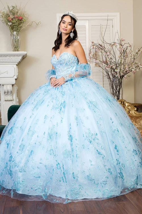 Glitter Print Strapless Ball Gown by Elizabeth K GL1944 - XS / Baby Blue - Quinceanera Dresses