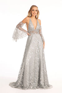 Glitter Print V-Neck Gown by Elizabeth K GL3002 - XS / Gray - Long Formal Dresses