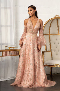 Glitter Print V-Neck Gown by Elizabeth K GL3002 - XS / Rose Gold - Long Formal Dresses