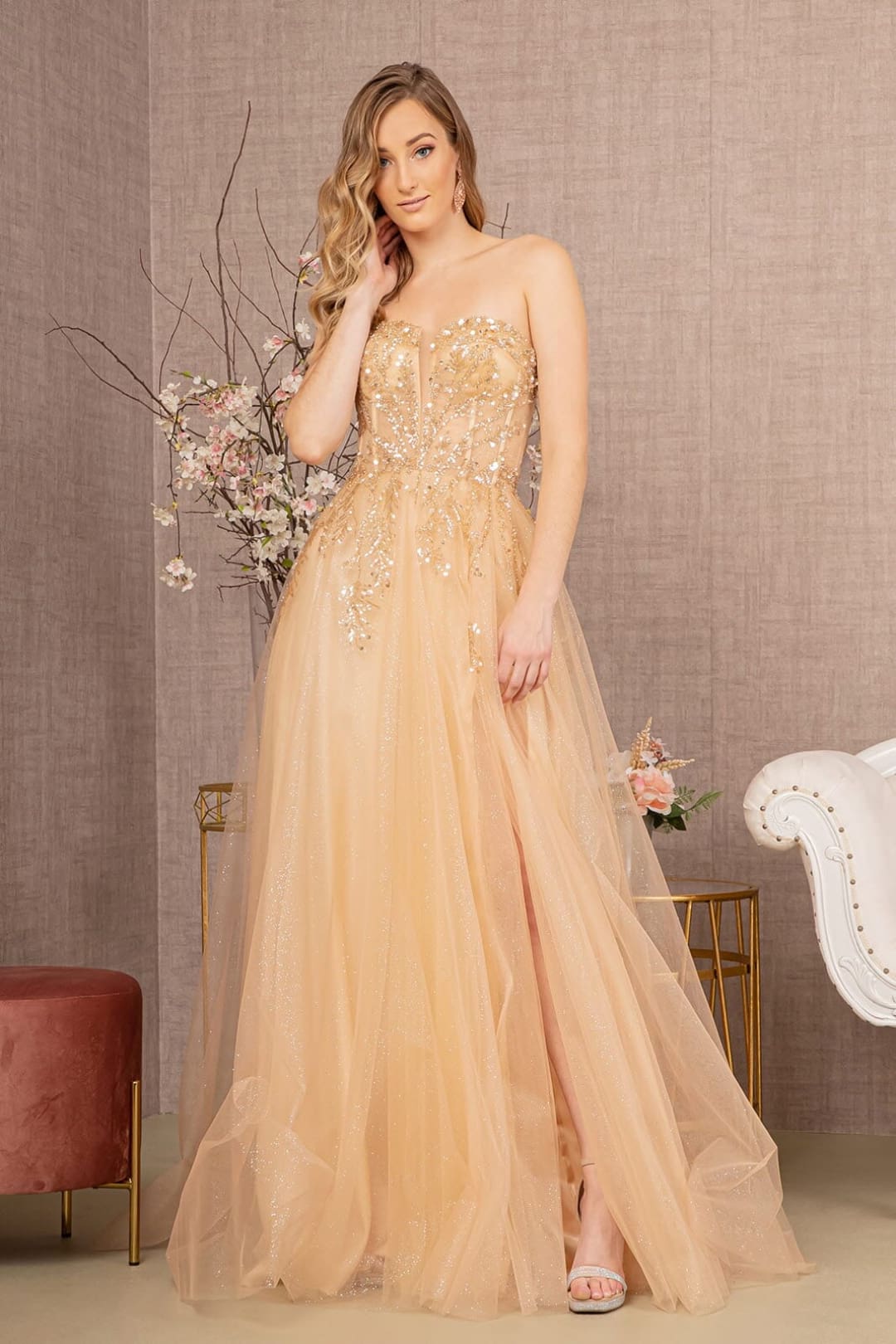 Glitter Puff Sleeve Slit Gown by GLS Gloria GL3118 - Long Formal Dresses