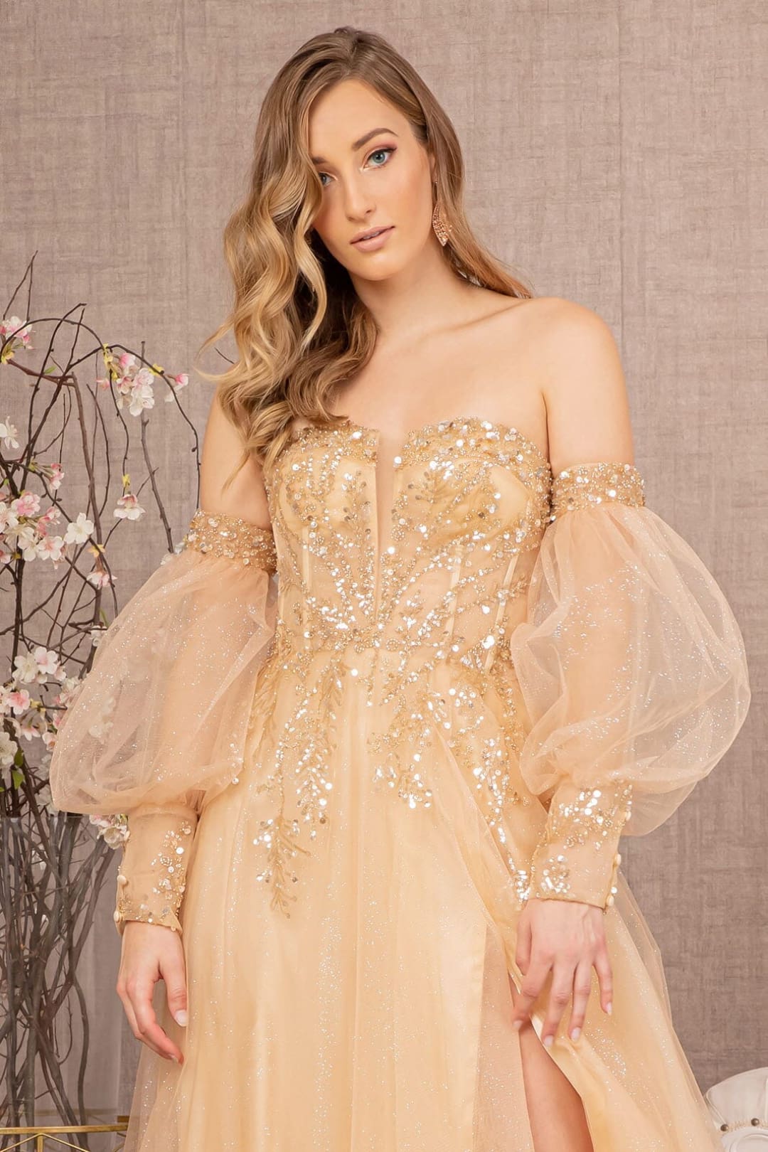 Glitter Puff Sleeve Slit Gown by GLS Gloria GL3118 - Long Formal Dresses