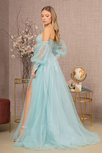 Glitter Puff Sleeve Slit Gown by GLS Gloria GL3118 - Long Formal Dresses