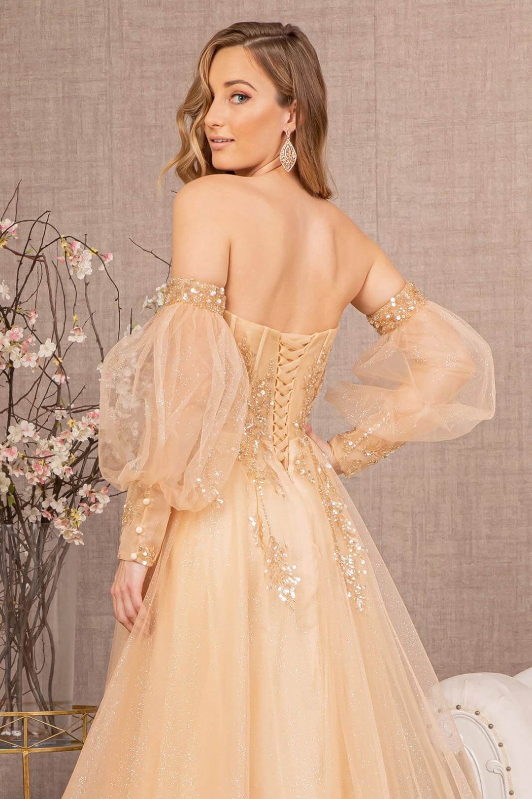Glitter Puff Sleeve Slit Gown by GLS Gloria GL3118 - Long Formal Dresses