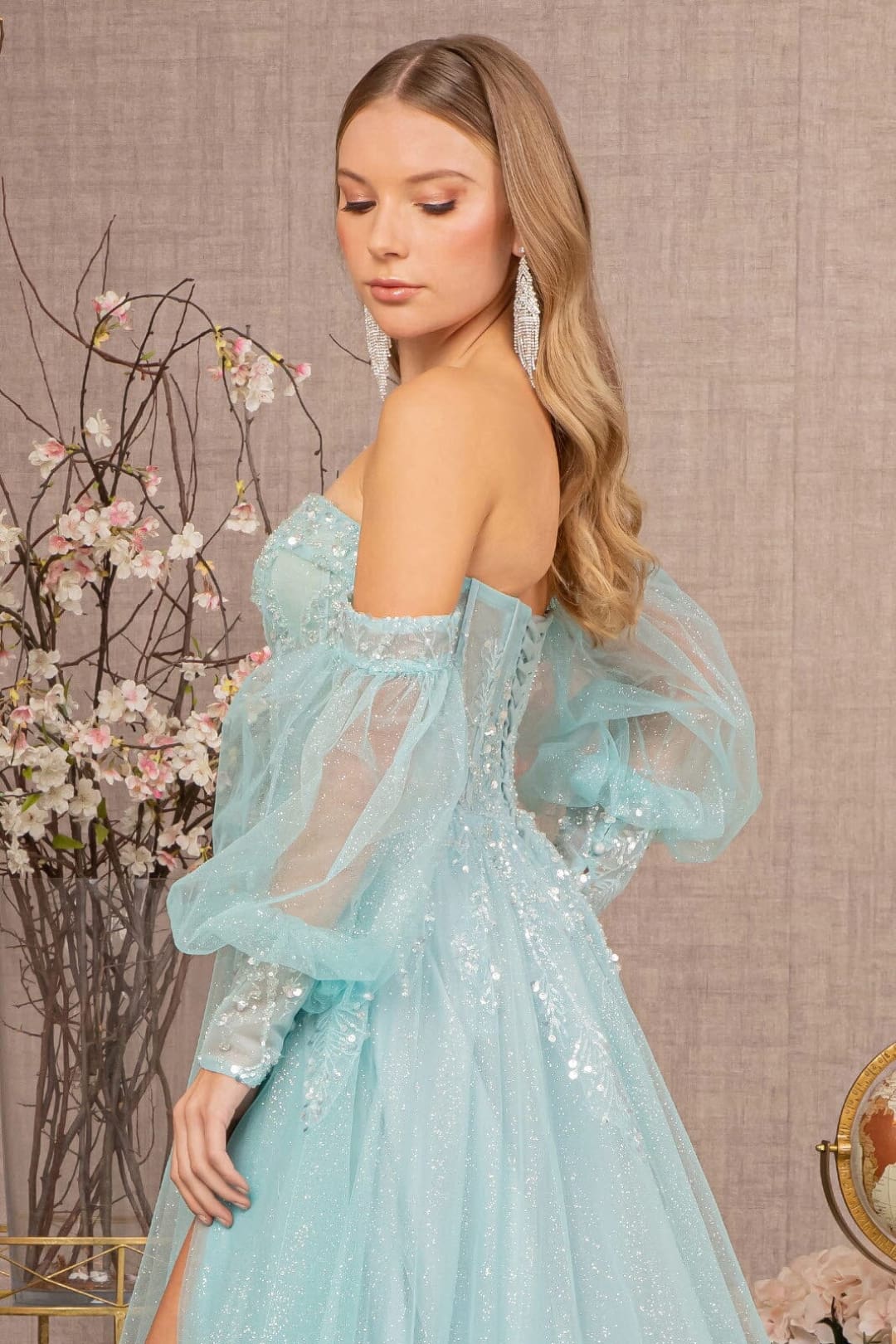 Glitter Puff Sleeve Slit Gown by GLS Gloria GL3118 - Long Formal Dresses