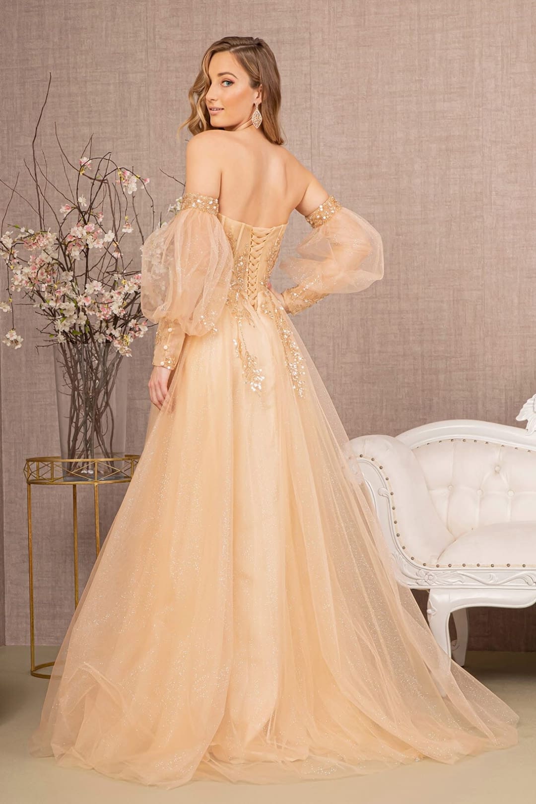 Glitter Puff Sleeve Slit Gown by GLS Gloria GL3118 - Long Formal Dresses