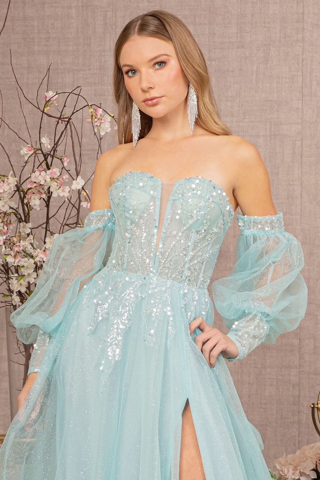 Glitter Puff Sleeve Slit Gown by GLS Gloria GL3118 - Long Formal Dresses