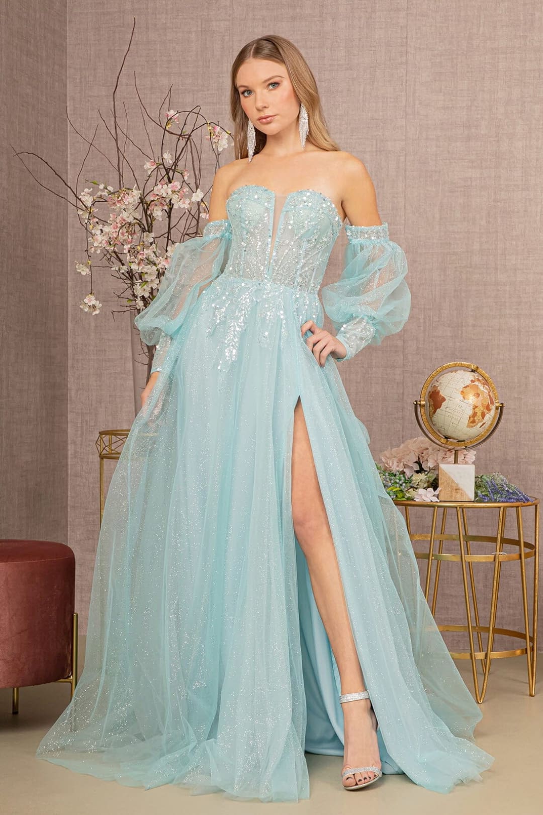 Glitter Puff Sleeve Slit Gown by GLS Gloria GL3118 - XS / Baby Blue - Long Formal Dresses