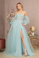 Glitter Puff Sleeve Slit Gown by GLS Gloria GL3118 - XS / Baby Blue - Long Formal Dresses