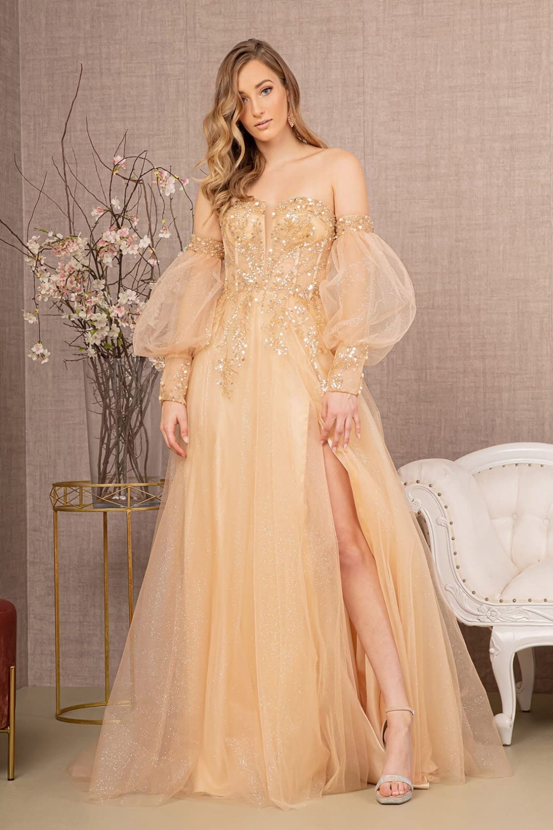 Glitter Puff Sleeve Slit Gown by GLS Gloria GL3118 - XS / Light Gold - Long Formal Dresses